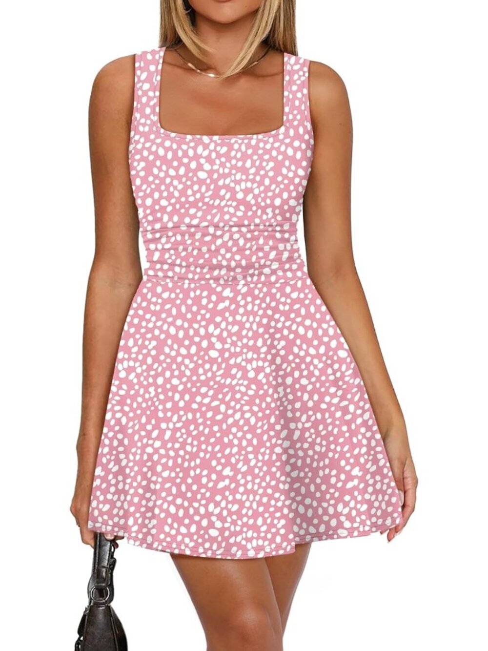 Women's Print Leapord Square Neck Ruched Waist Fit Flare Pleated Mini Dress
